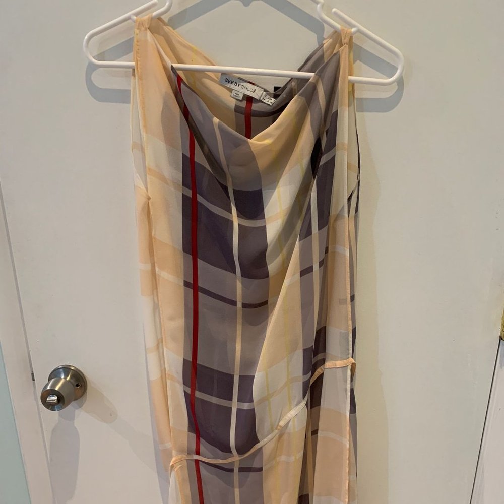 See by Chloe Plaid Silk Tie Front Tunic Shift Dress